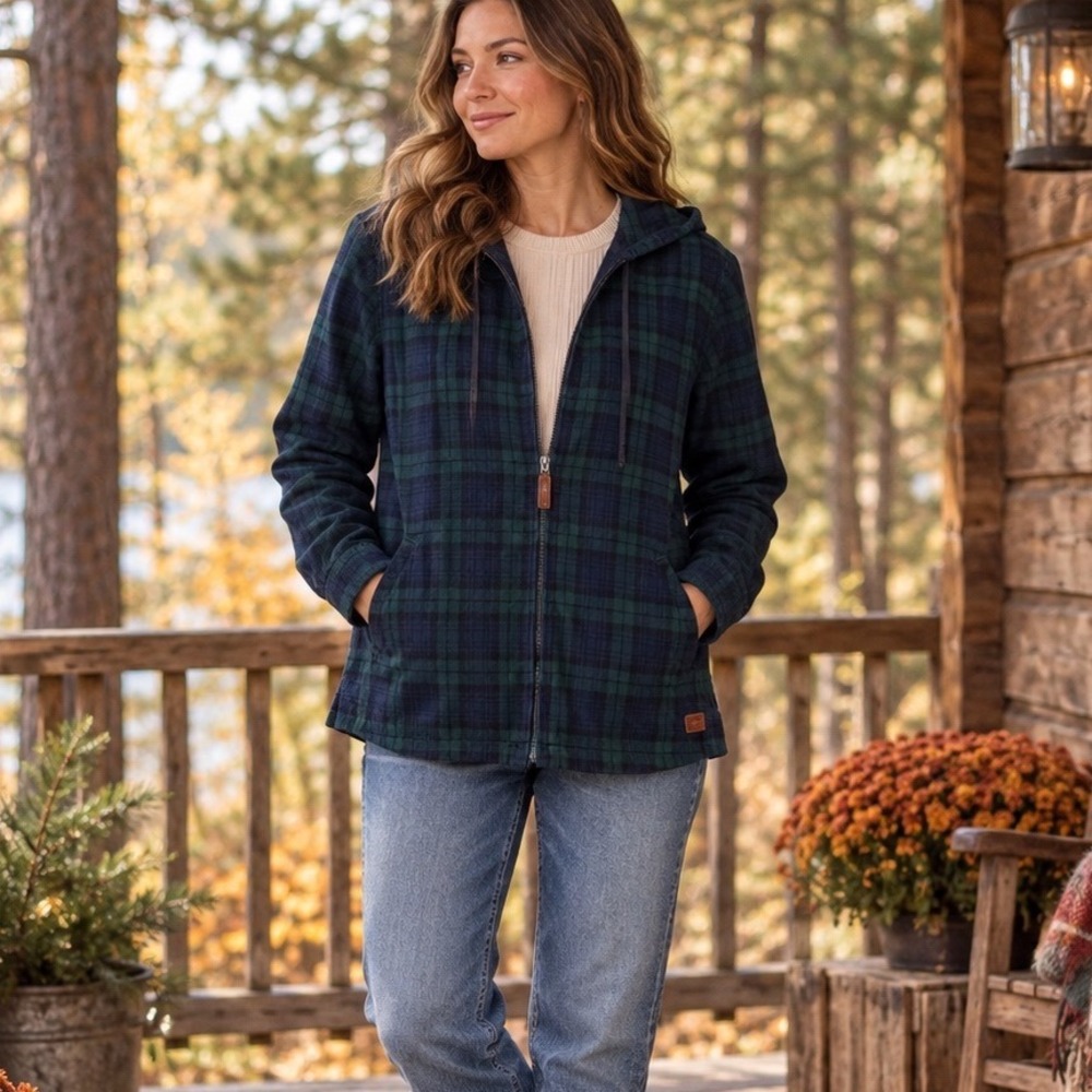 L.L.Bean XL Black Watch Plaid Hooded Flannel Shirt Jacket 100% Cotton Cabincore
